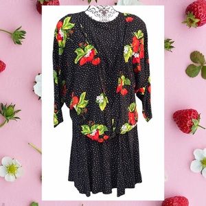 Vintage 90s Strawberry Polka Dot Skirt Blouse Set Tie Top Casual